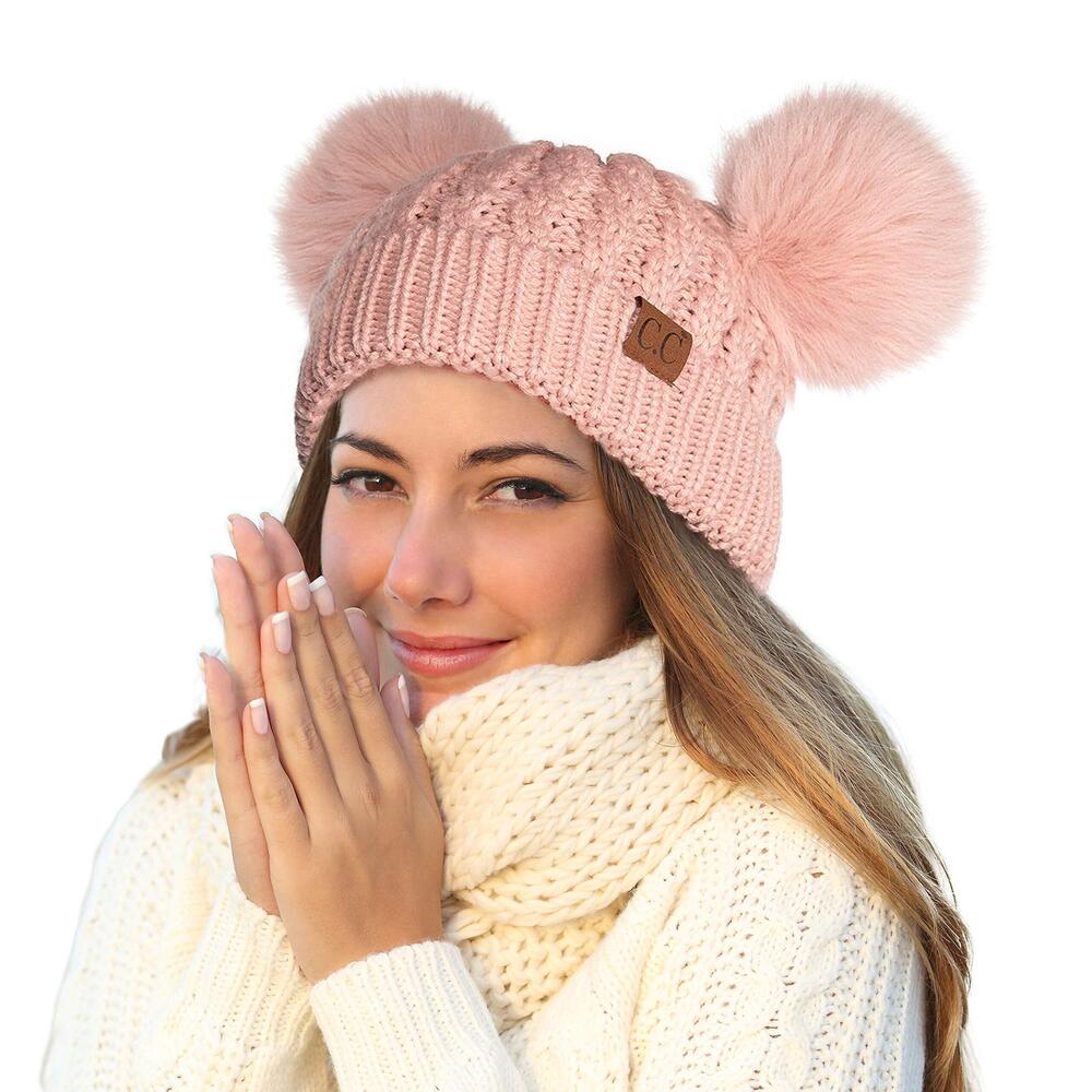 1565 Hatsandscarf Exclusives Cable Knit Double Pom Winter Beanie HAT-2055